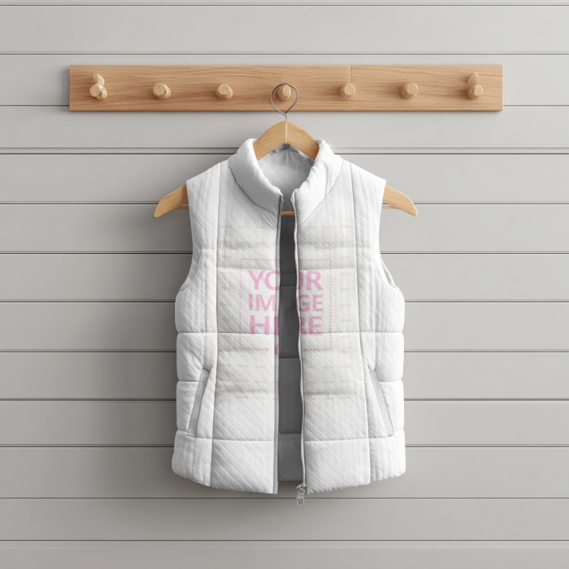 Vest Mockup Hanging Indoors for Modern Fashion Line Display preview image