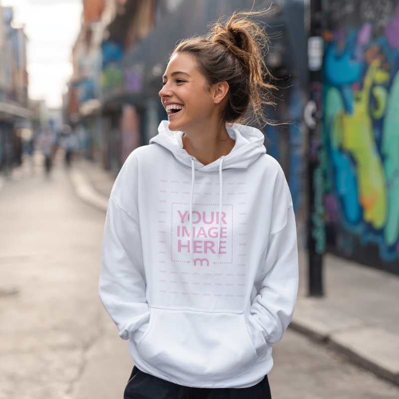 Smiling Woman in Hoodie Mockup for Clothing Promotion preview image