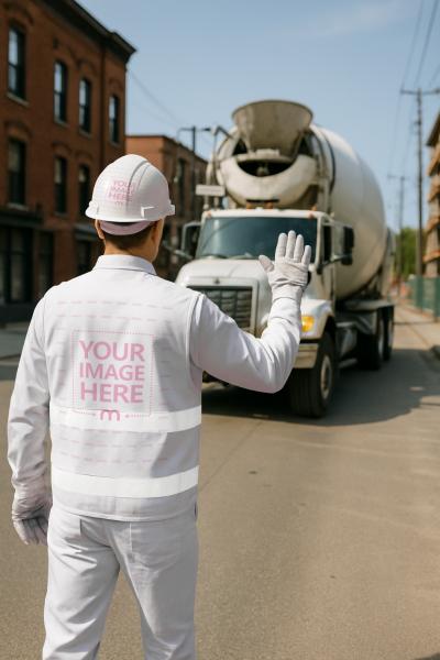 Safety Vest Mockup with Man Directing Truck on Construction Site