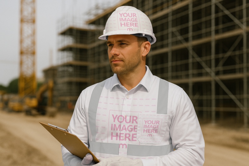 Safety Vest Mockup with Man in Front of Unfinished Building Safety Vest Mockup with Man in Front of Unfinished Building preview image