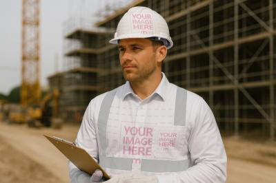 Safety Vest Mockup with Man in Front of Unfinished Building