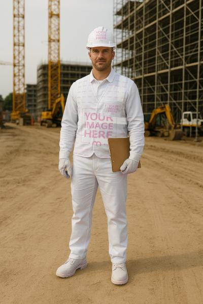 Focused Man in Safety Vest Mockup at Construction Background