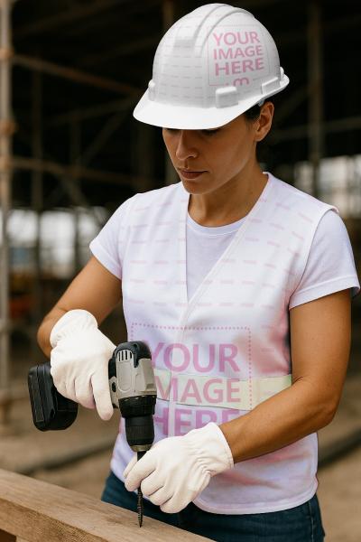 Woman in Safety Vest Holding Drill at Outdoor Worksite