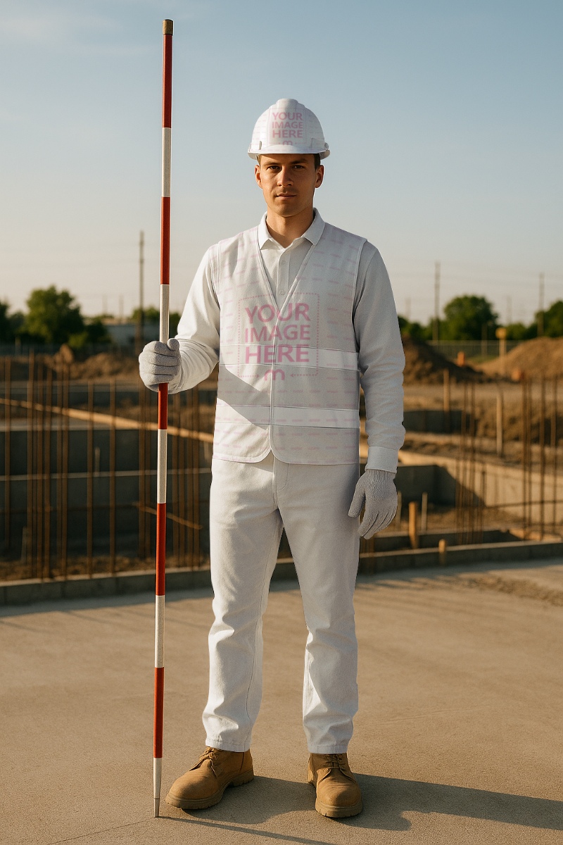 Safety Vest Mockup with Man Holding Pole at Construction Site Safety Vest Mockup with Man Holding Pole at Construction Site preview image