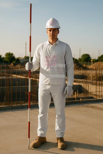 Safety Vest Mockup with Man Holding Pole at Construction Site