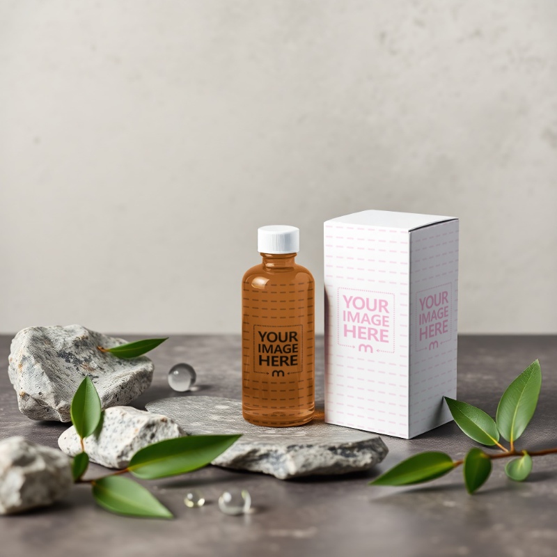 Oil Bottle and Box Mockup with Rocks on Brown Floor Background Oil Bottle and Box Mockup with Rocks on Brown Floor Background preview image