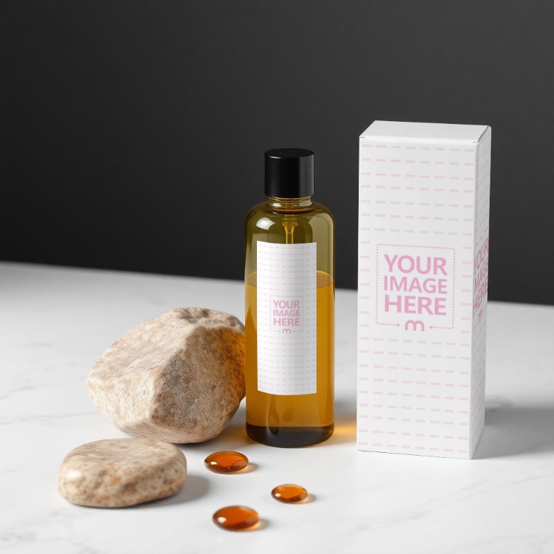 Bottle Label and Box Mockup with Liquid Drops and Dark Setting Bottle Label and Box Mockup with Liquid Drops and Dark Setting preview image