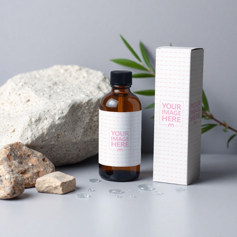 Amber Bottle Label and Box Mockup with Rocks on White Floor Amber Bottle Label and Box Mockup with Rocks on White Floor preview image