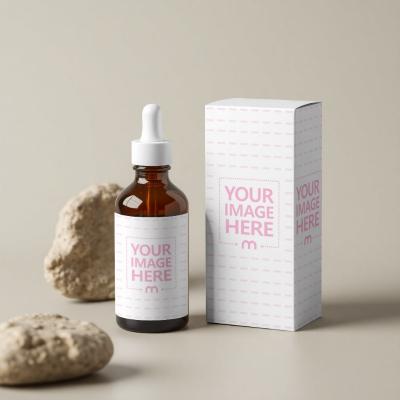Amber Bottle Label and Box Mockup with Rocks Background
