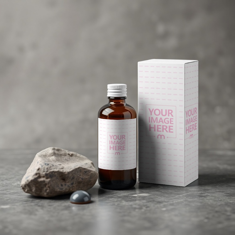 Bottle Label and Box Mockup with Rocks on Light Gray Background Bottle Label and Box Mockup with Rocks on Light Gray Background preview image