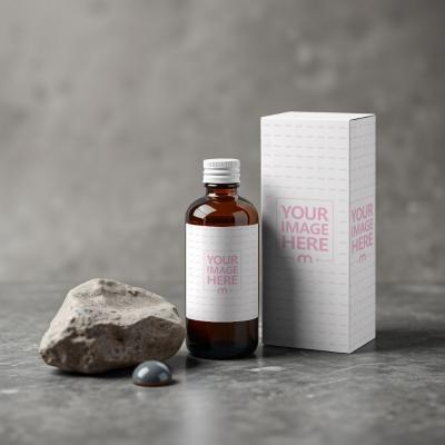 Bottle Label and Box Mockup with Rocks on Light Gray Background