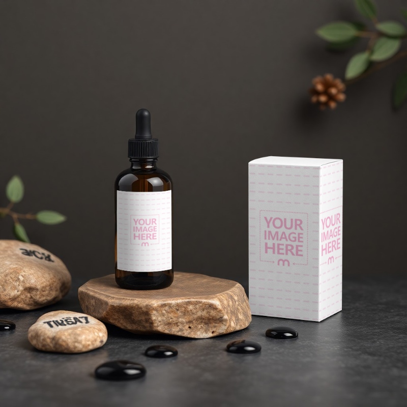 Bottle Label and Box Mockup on Rock with Dark Background Bottle Label and Box Mockup on Rock with Dark Background preview image