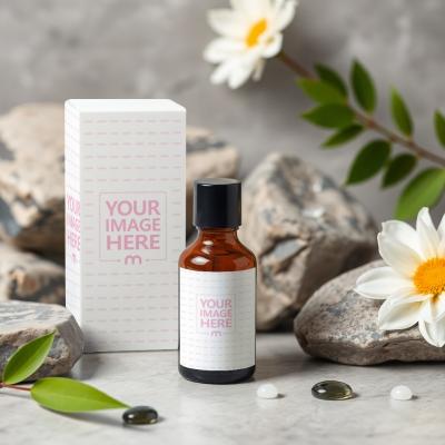 Bottle and Box Mockup with Flowers and Rocks in Nature Setup