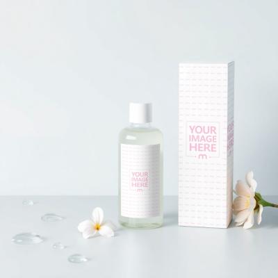 Perfume Bottle and Box Mockup with Flowers and Water Drops