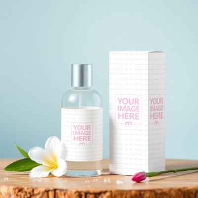 Perfume Bottle and Box Mockup on Wooden Table with Blue Background