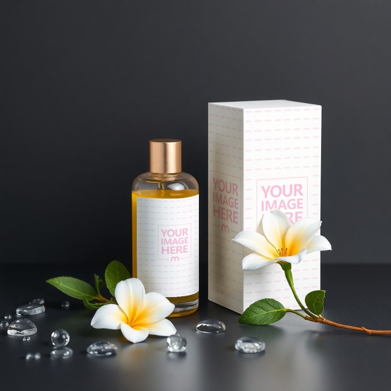 Perfume Bottle and Box Mockup on Dark Background with Flowers Perfume Bottle and Box Mockup on Dark Background with Flowers preview image