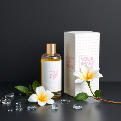 Perfume Bottle and Box Mockup on Dark Background with Flowers