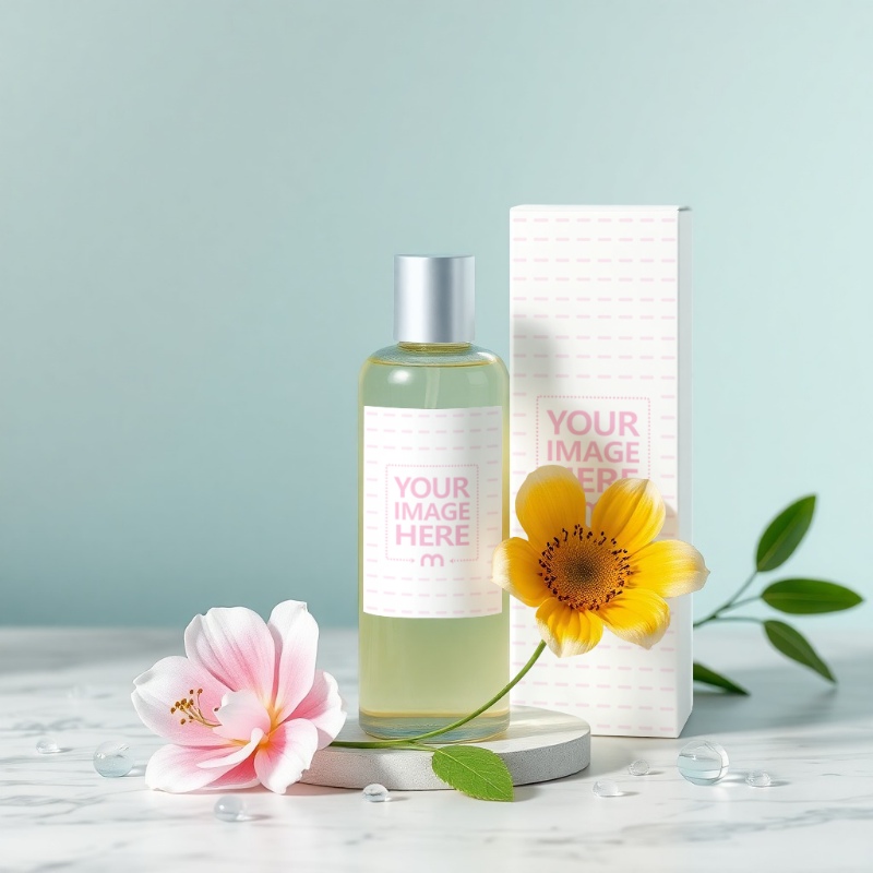 Perfume Bottle and Box Mockup on Round Stand with Flowers Perfume Bottle and Box Mockup on Round Stand with Flowers preview image