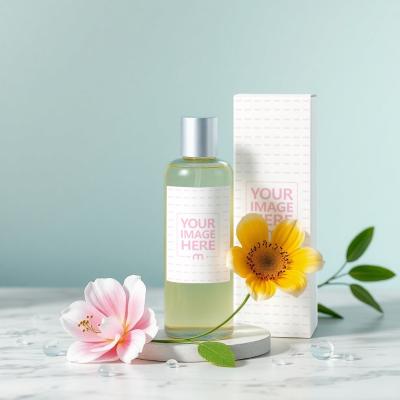 Perfume Bottle and Box Mockup on Round Stand with Flowers