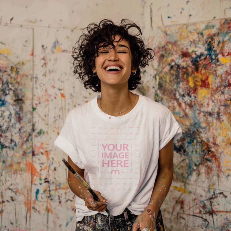 T-Shirt Mockup with Woman in Paint Studio Holding Brush T-Shirt Mockup with Woman in Paint Studio Holding Brush preview image