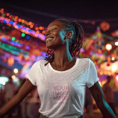 T-Shirt Mockup with Woman at Party with Colorful Lights