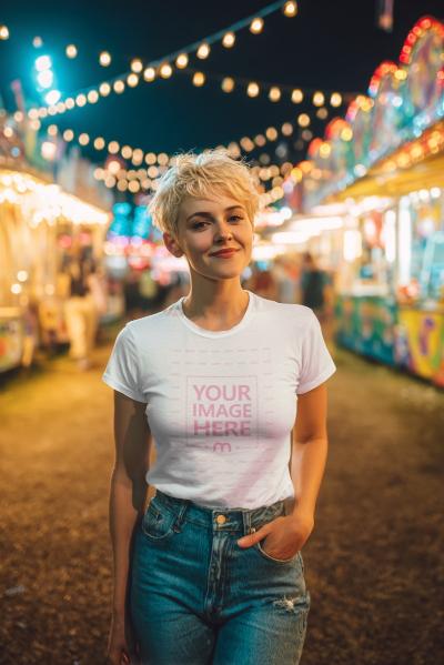 T-Shirt Mockup with Woman Smiling at Festive Event