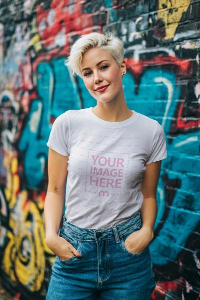 T-Shirt Mockup with Woman Posing in Front of Graffiti Wall