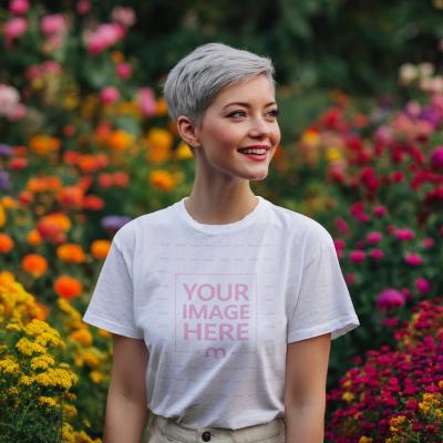 T-Shirt Mockup with Smiling Woman in Flower Field