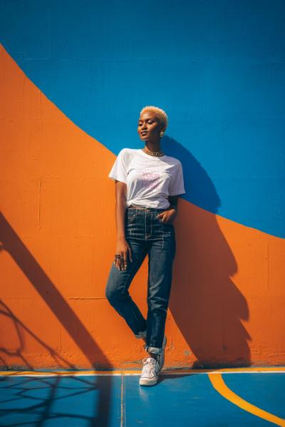 T-Shirt Mockup with Woman Leaning Against Two-Tone Wall