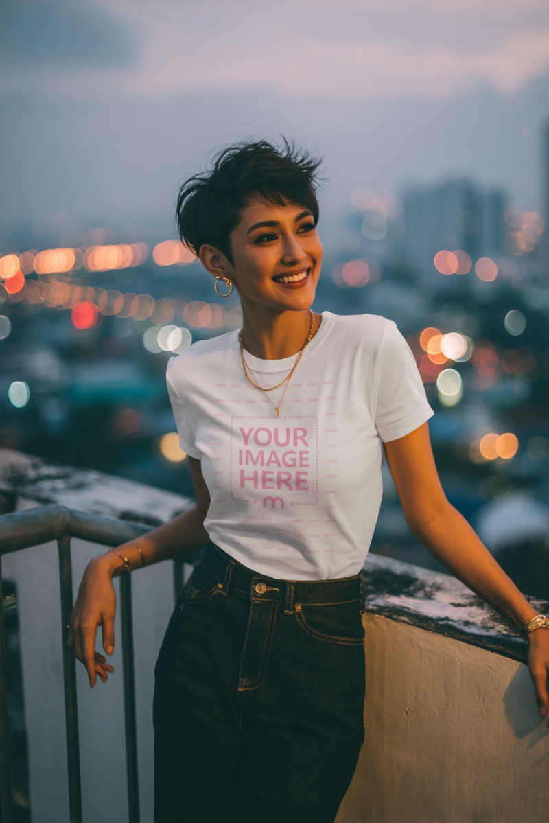 T-Shirt Mockup with Woman Leaning Against Wall with City Lights T-Shirt Mockup with Woman Leaning Against Wall with City Lights preview image