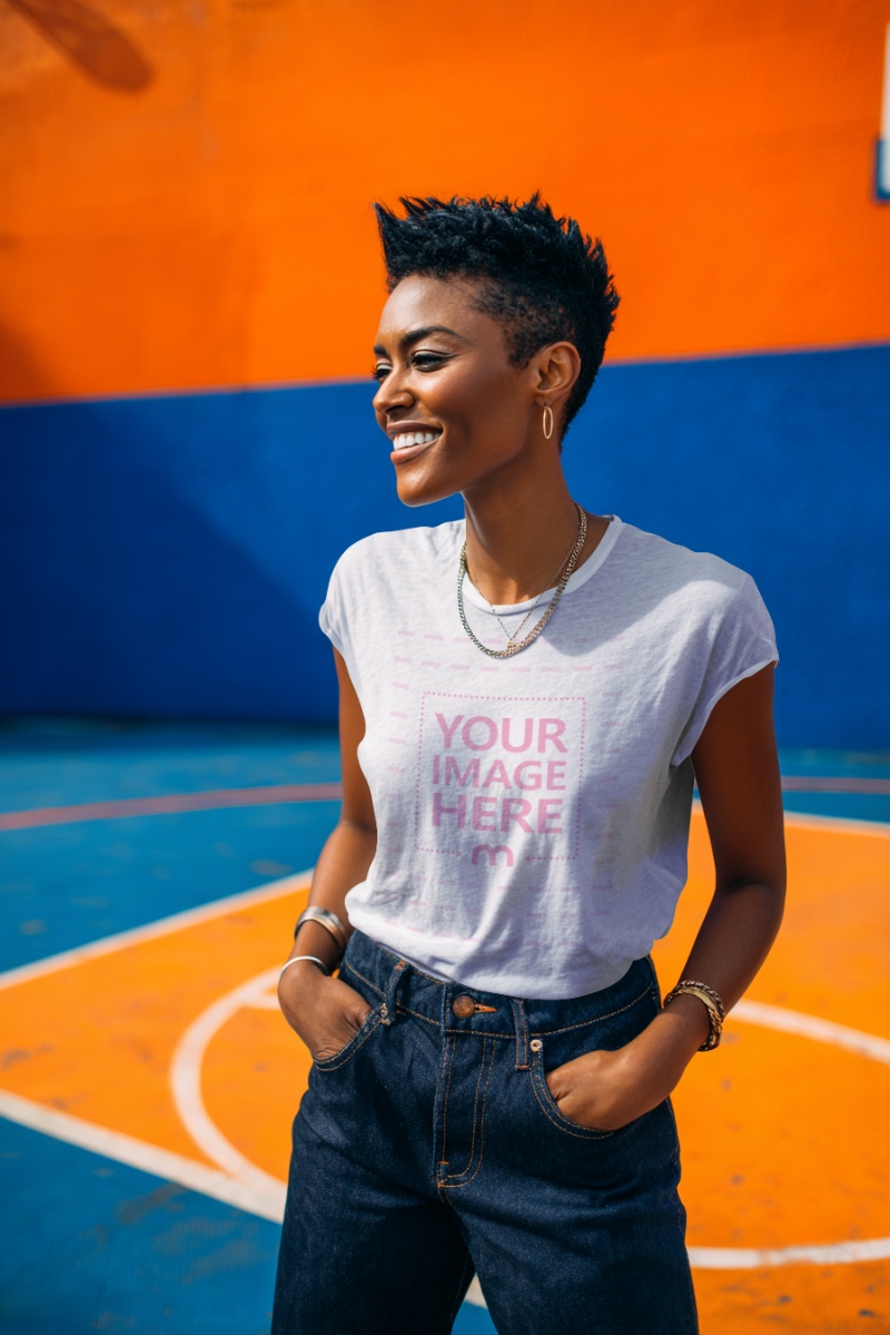 T-Shirt Mockup with Woman on Basketball Field in Blue-Orange Theme T-Shirt Mockup with Woman on Basketball Field in Blue-Orange Theme preview image