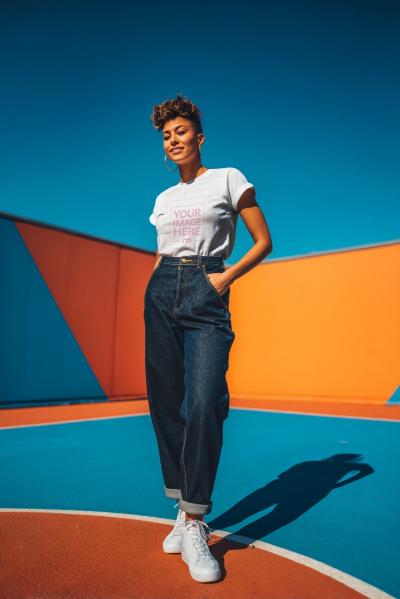 T-Shirt Mockup with Woman on Basketball Field Light Blue Scene