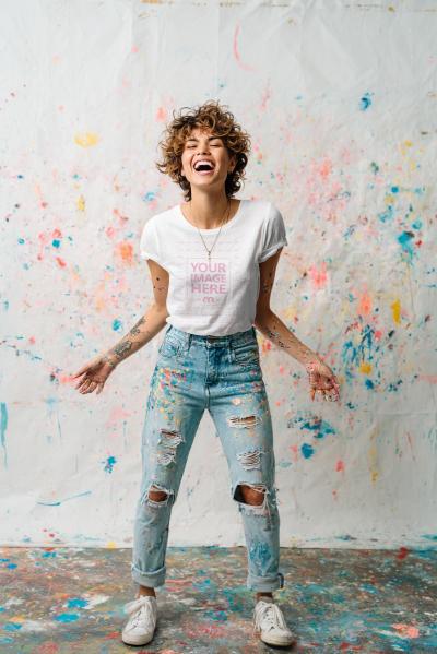 T-Shirt Mockup with Woman in Messy Indoor Paint Studio