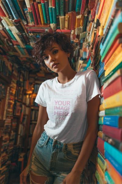 T-Shirt Mockup with Woman in Book Shop Surrounded by Books