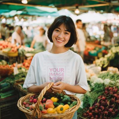 T-Shirt Mockup with Woman Shopping at Vegetable Market