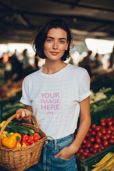 T-Shirt Mockup with Woman Holding Basket at Market Scene