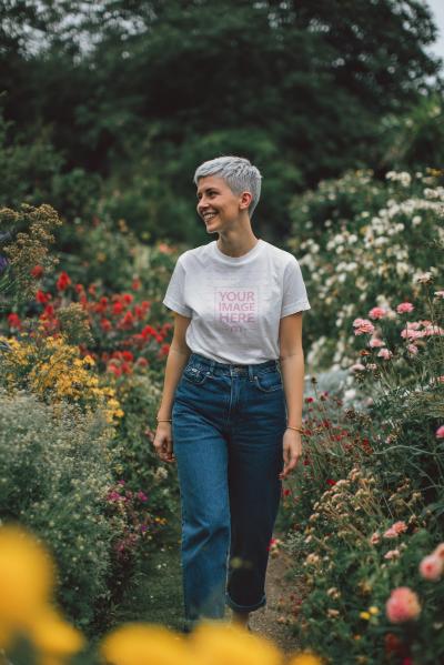 T-Shirt Mockup with Silver Short Hair Woman in Flower Field