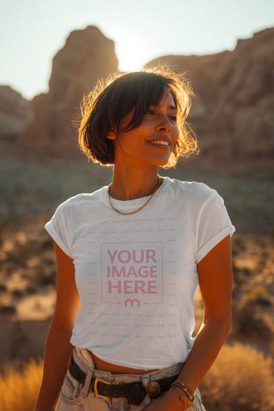 T-Shirt Mockup with Woman on Hill in Outdoor Bokeh Scene