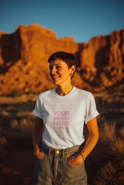 T-Shirt Mockup with Woman Smiling on Hill in Outdoor View