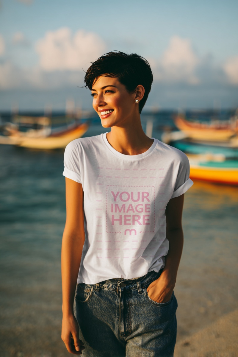 T-Shirt Mockup on Woman at Beach with Fishing Boats Behind T-Shirt Mockup on Woman at Beach with Fishing Boats Behind preview image