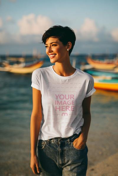 T-Shirt Mockup on Woman at Beach with Fishing Boats Behind