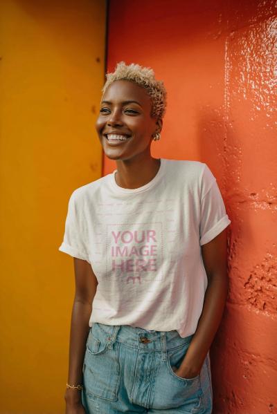 T-Shirt Mockup on Woman in Front of Orange Wall Outdoors