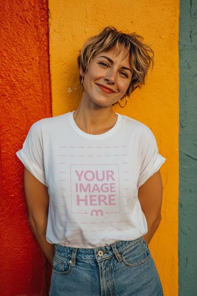 T-Shirt Mockup with Woman Leaning on Vibrant Background