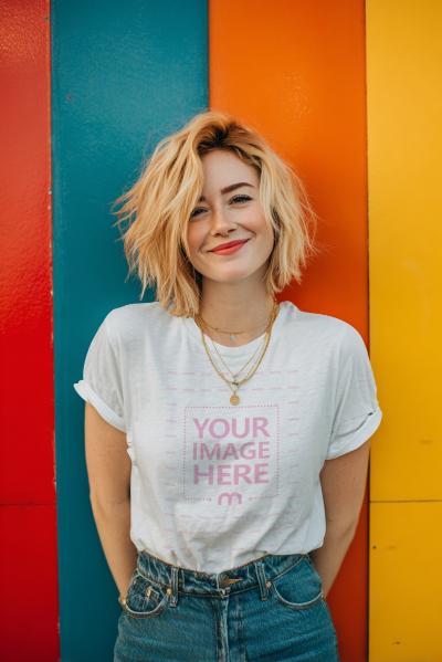 T-Shirt Mockup with Woman Smiling and Leaning on Colorful Wall
