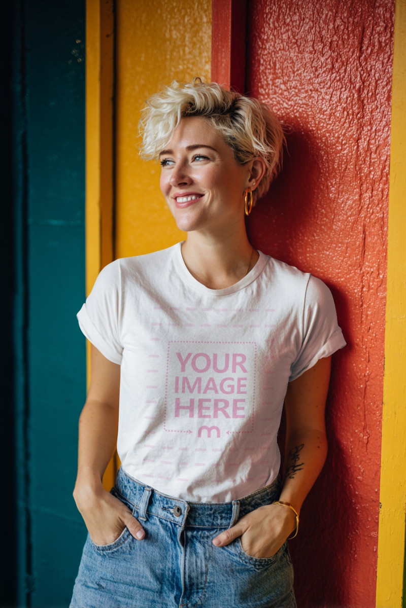 T-Shirt Mockup with Smiling Woman Leaning on Colorful Wall T-Shirt Mockup with Smiling Woman Leaning on Colorful Wall preview image