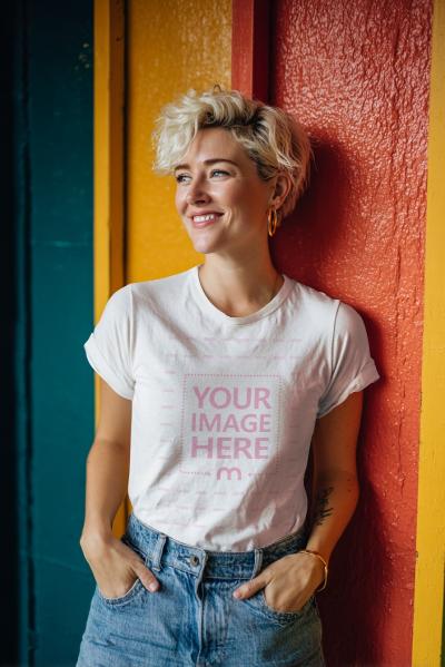T-Shirt Mockup with Smiling Woman Leaning on Colorful Wall