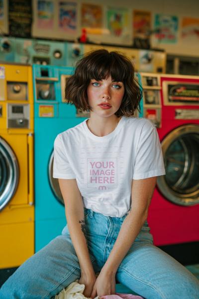 T-Shirt Mockup on Woman Sitting in Laundromat