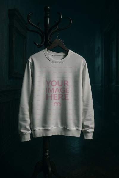 Sweatshirt Mockup on Black Hanger in Gloomy Hall for Halloween Scene