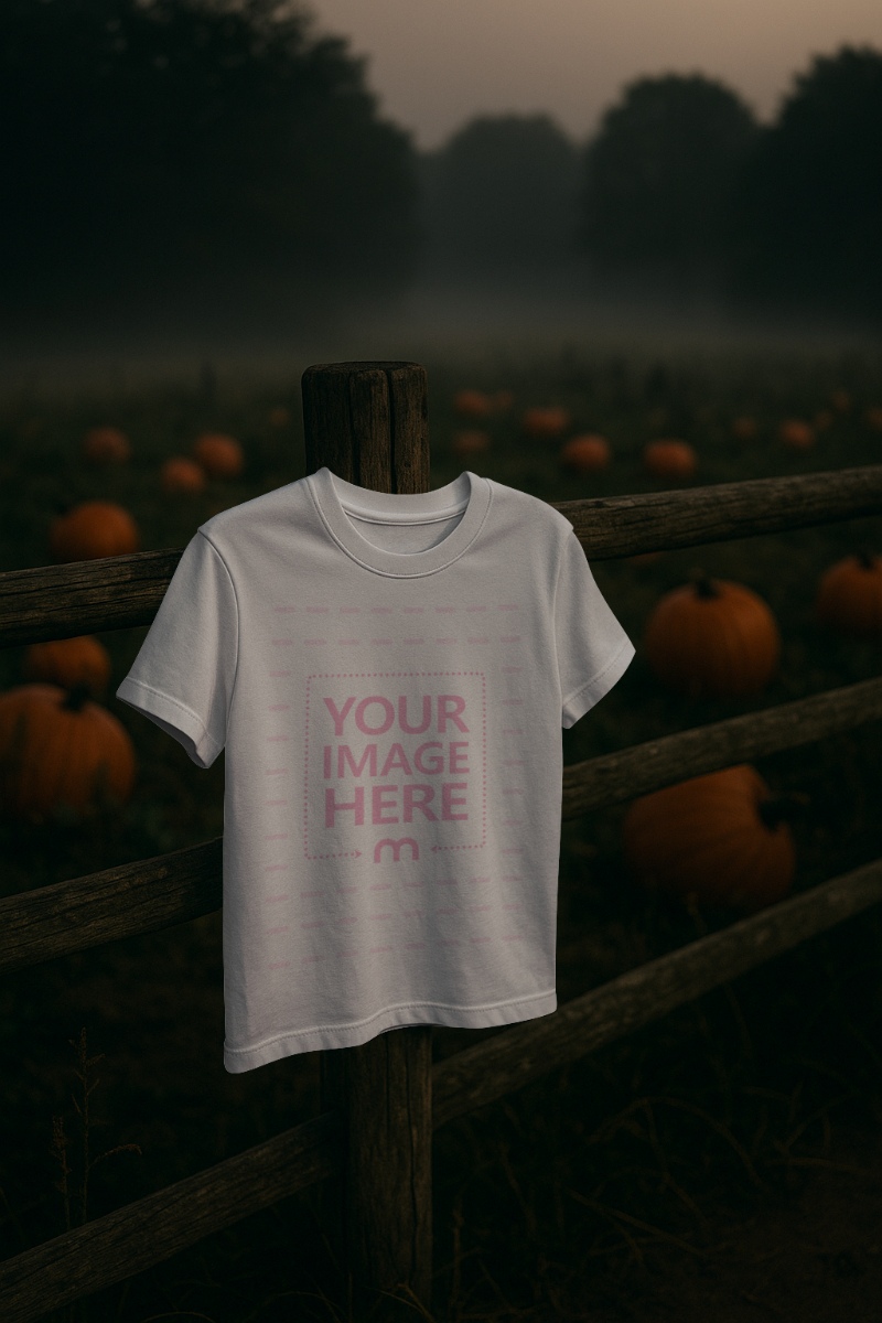 T-Shirt Mockup on Fence near Pumpkin Field for Halloween Atmosphere T-Shirt Mockup on Fence near Pumpkin Field for Halloween Atmosphere preview image