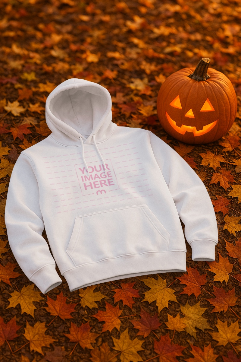 Hoodie Mockup on Fallen Leaves with Pumpkin for Halloween Display Hoodie Mockup on Fallen Leaves with Pumpkin for Halloween Display preview image